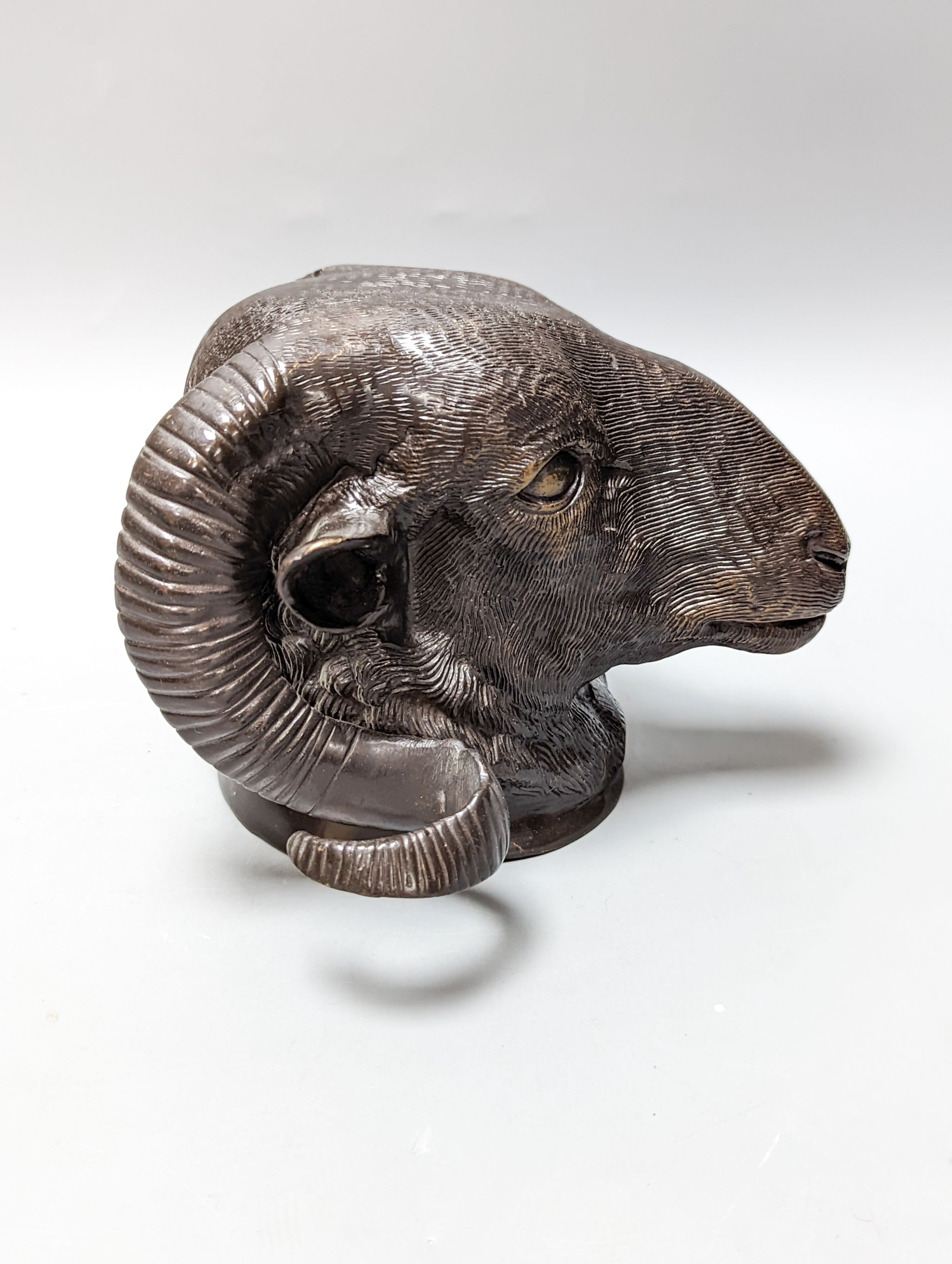 A bronze ram's head and a bronze relief